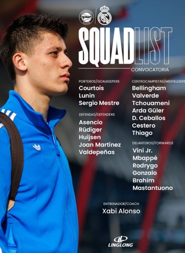 皇马公布对阵阿拉维斯名单：姆巴佩领衔，维尼修斯、赫伊森在列